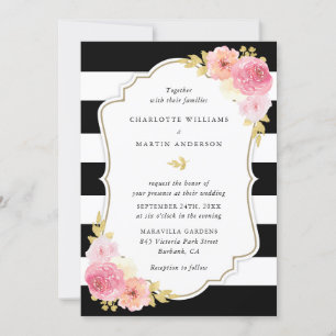 Invitation Mariage floral noir et blanc rayé rose pâle