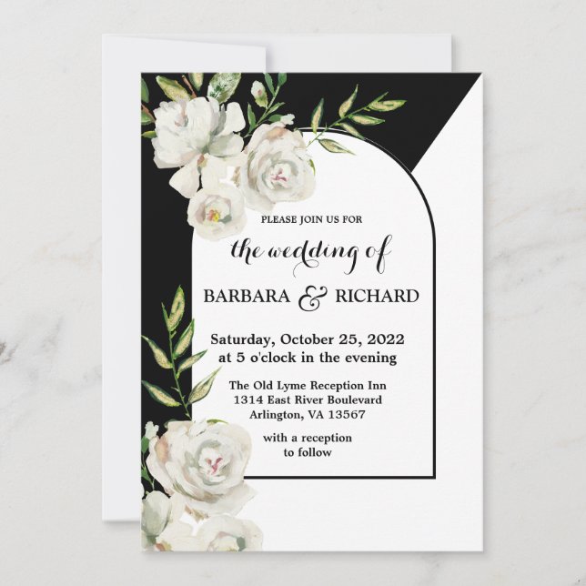 Invitation Mariage floral noir et blanc romantique    (Devant)