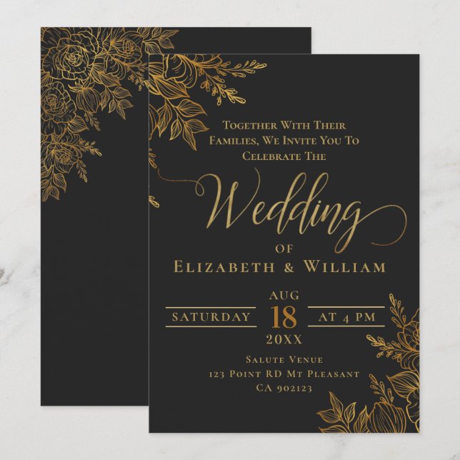Invitation Mariage floral noir et or (Devant / Derrière)
