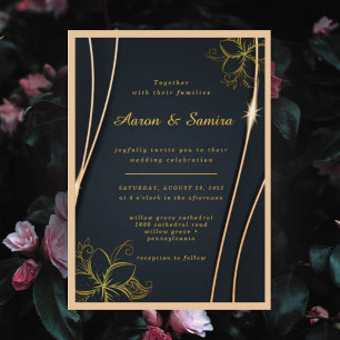 Invitation Mariage floral noir et or élégant et luxueux 