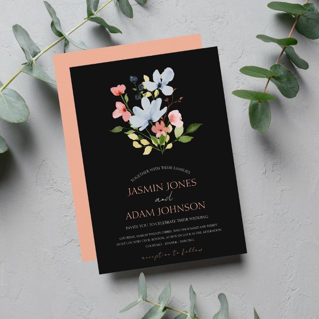Invitation Mariage floral noir et rose simple Boho (Créateur téléchargé)