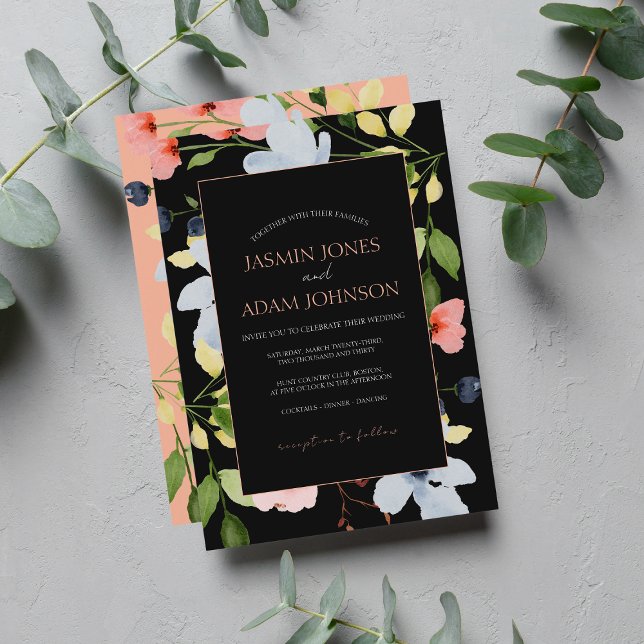Invitation Mariage floral noir et rose simple Boho (Créateur téléchargé)