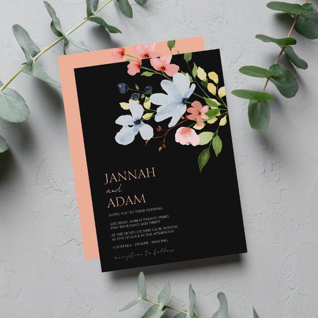 Invitation Mariage floral noir et rose simple Boho (Créateur téléchargé)