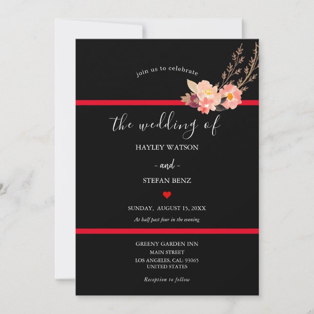Invitation Mariage Floral Noir Et Rouge Moderne (Devant)