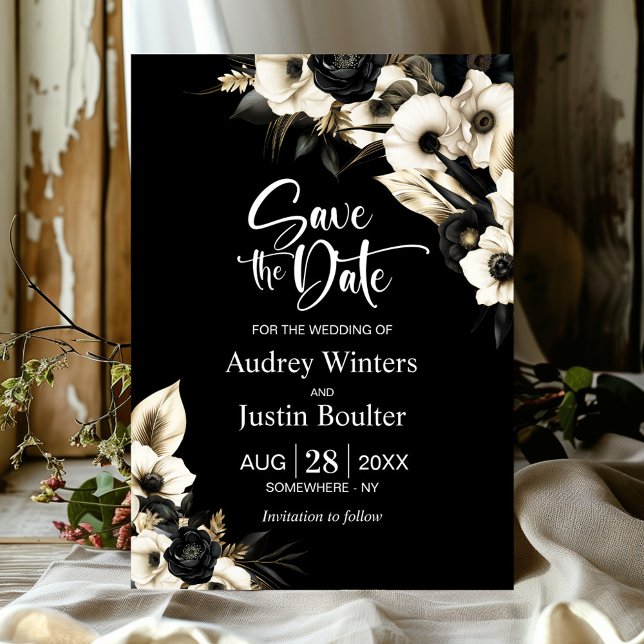 Invitation Mariage floral noir moderne Sauvez la date (Créateur téléchargé)