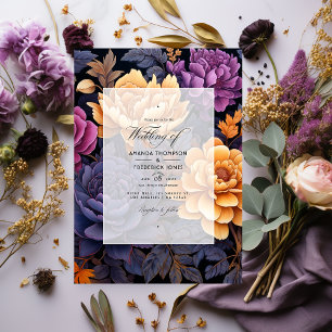 Invitation Mariage floral noir, or et pourpre foncé