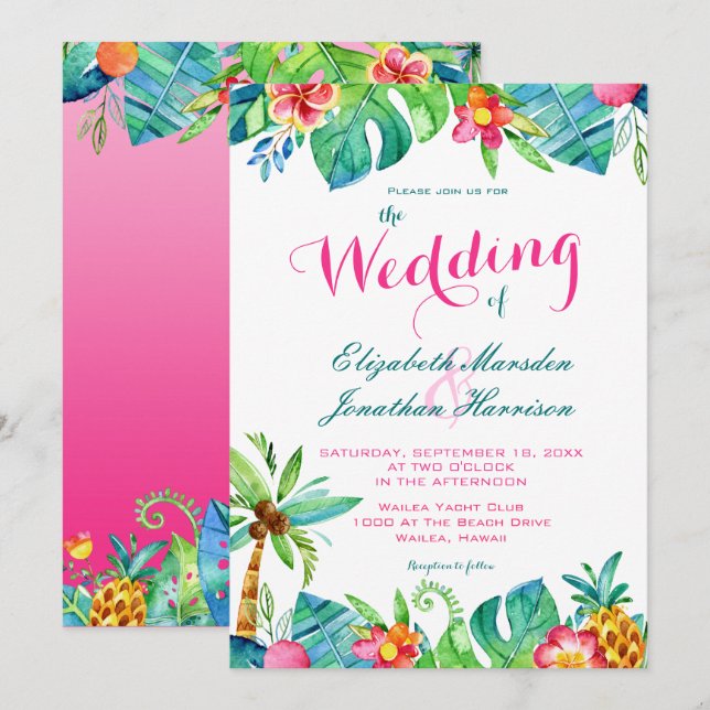 Invitation Mariage Floral Ombré Rose Turquoise Plage Tropical (Devant / Derrière)