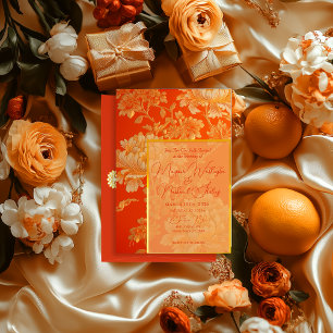 Invitation Mariage floral opulent d'orange et d'or Mandarin