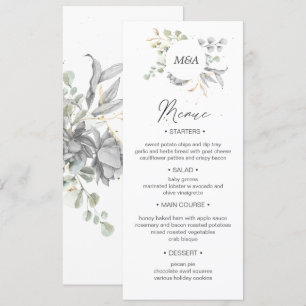 Invitation mariage floral or argent dramatique Menu Dîner