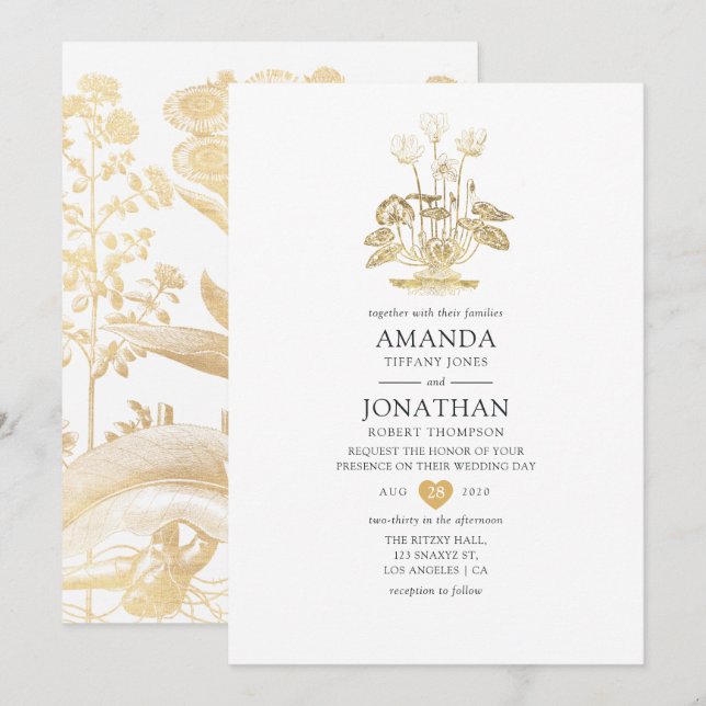 Invitation Mariage Floral Or Chic (Devant / Derrière)