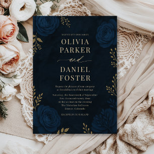 Invitation Mariage floral or et bleu de marine