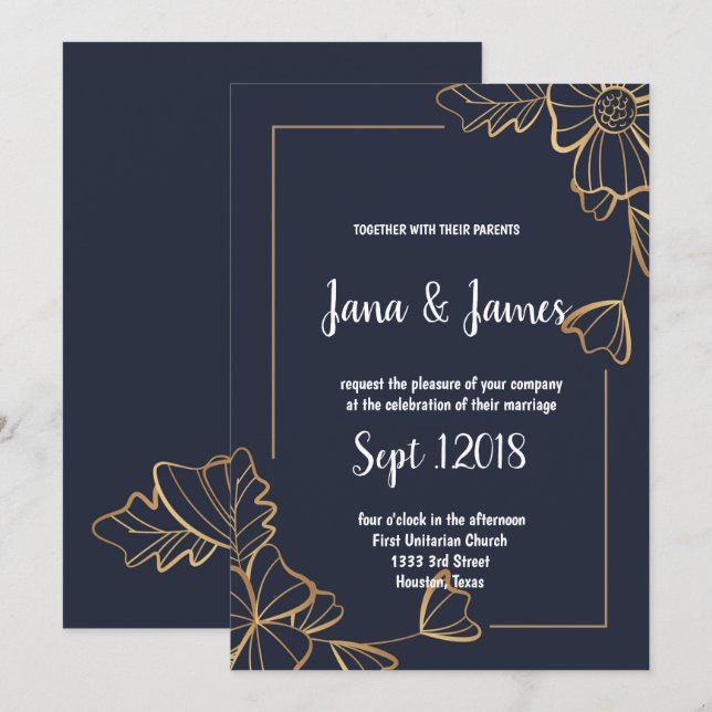 Invitation Mariage floral or et marine (Devant / Derrière)