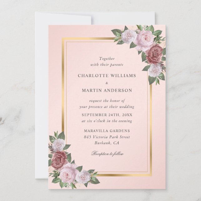 Invitation Mariage floral or rose pâle (Devant)