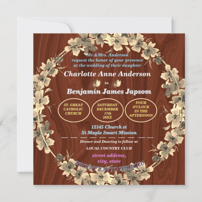 Invitation Mariage floral or rustique (Devant)