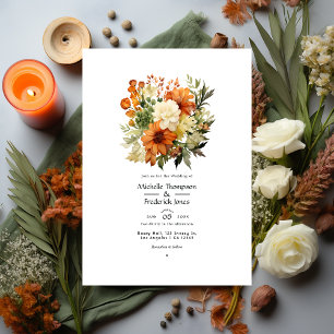 Invitation Mariage floral orange brûlé, crème et vert mousse