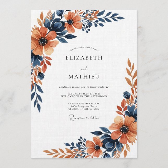 Invitation Mariage Floral Orange Brûlé de Style Pictural (Devant)