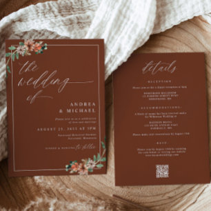 Invitation Mariage Floral Orange Brûlé et Émeraude