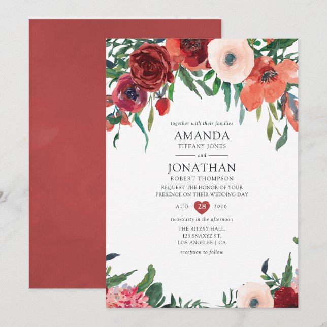 Invitation Mariage Floral Orange Brûlé et Rose (Devant / Derrière)