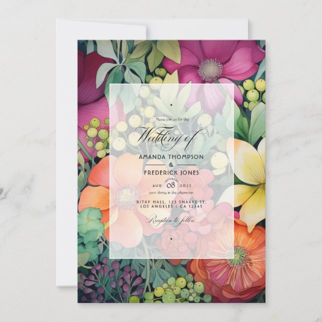 Invitation Mariage floral orange, canneberge et vert (Devant)