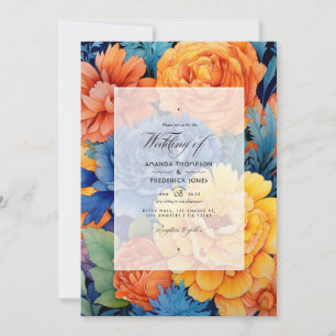 Invitation Mariage Floral Orange et Bleu Royal