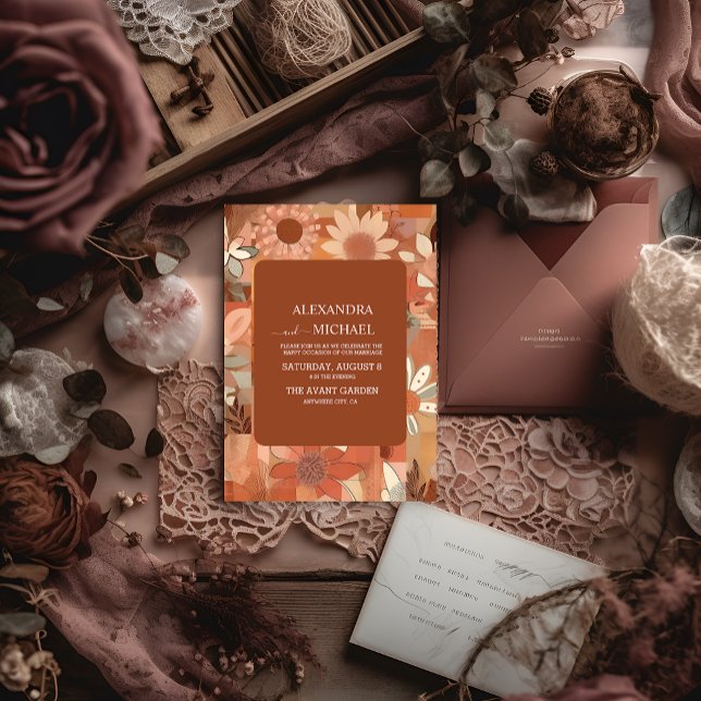 Invitation Mariage floral orange Super rétro (Créateur téléchargé)