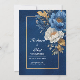 Invitation Mariage Floral Paonée Blanc Bleu Nuit Or