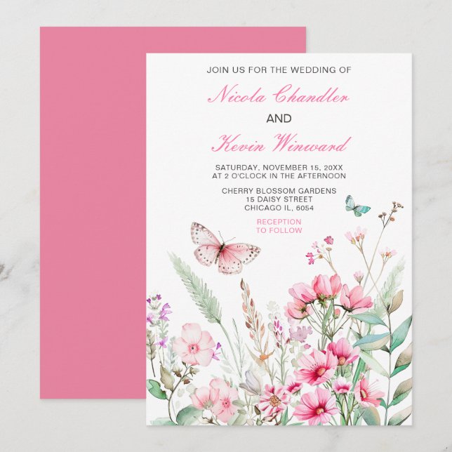 Invitation Mariage floral papillon rose de printemps (Devant / Derrière)