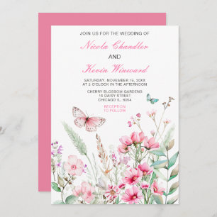 Invitation Mariage floral papillon rose de printemps