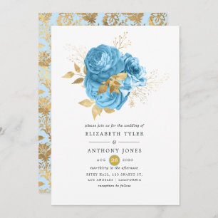 Invitation Mariage floral Pastel Bleu et Or