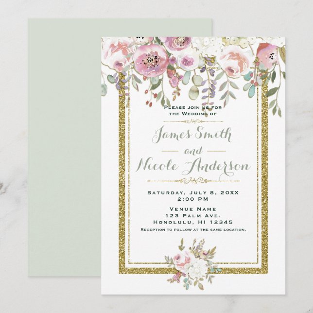 Invitation Mariage floral pastel moderne rose vert et or (Devant / Derrière)
