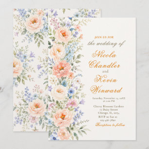 Invitation Mariage Floral Pêche et Bleu Poussiéreux
