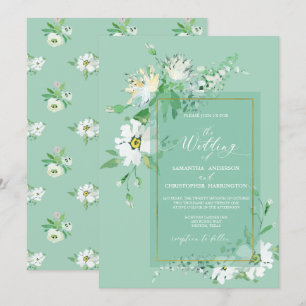 Invitation Mariage floral peint à la Rustique dorée Neo Mint 