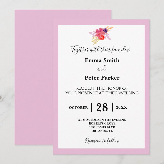 Invitation Mariage floral personnalisé (Devant / Derrière)