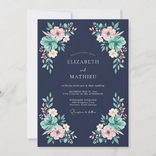 Invitation Mariage Floral Poétique Bleu Marine