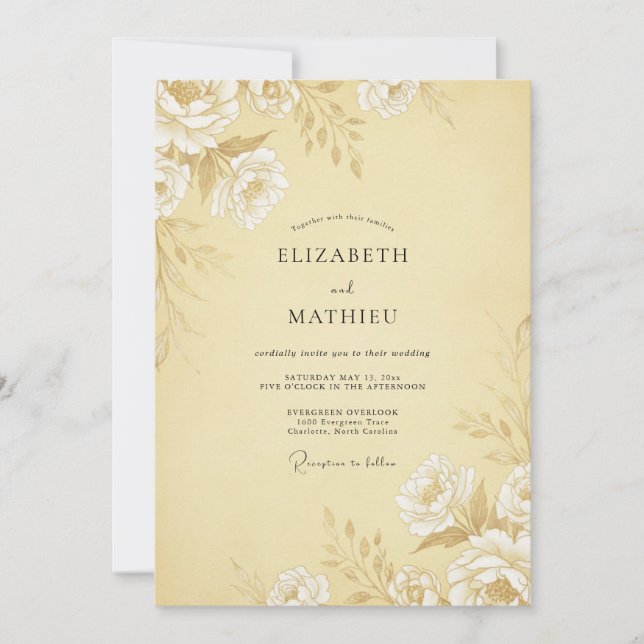 Invitation Mariage Floral Poli Jaune Pâle (Devant)