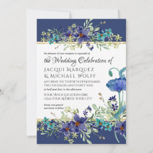 Invitation Mariage floral poppy aquarelle bleu marine et or