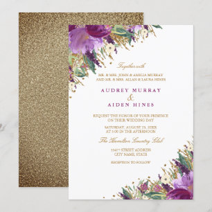 Invitation Mariage floral pourpre améthyste scintillant