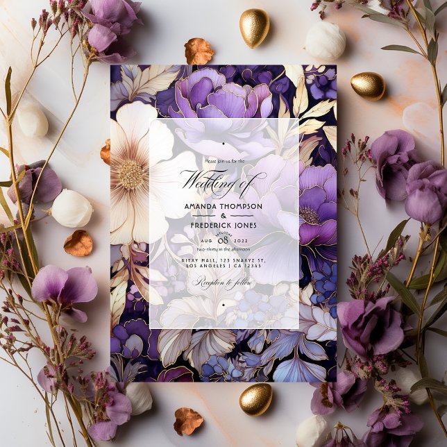 Invitation Mariage floral pourpre et or (Créateur téléchargé)