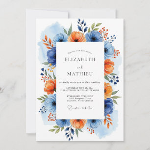 Invitation Mariage Floral Printanier Bleu Orange