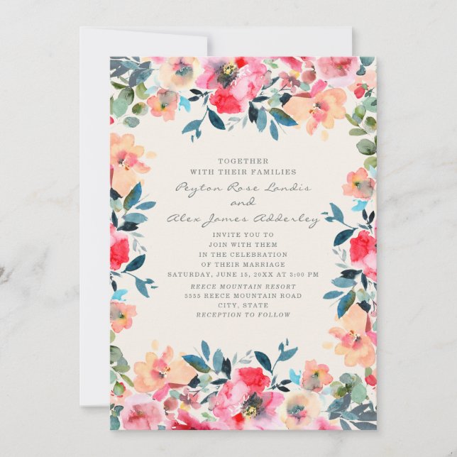 Invitation Mariage Floral Printanier en Ivoire et Rose Peach (Devant)