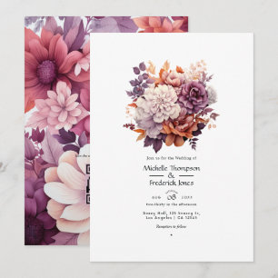 Invitation Mariage Floral Prune, Gris, Cuivre et Rose Poussié