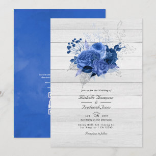 Invitation Mariage Floral QR Code Bleu Royal et Argent Rustiq