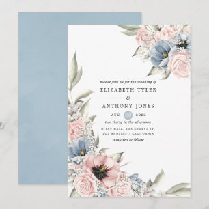 Invitation Mariage Floral Quartz Rose et Bleu Sérénité