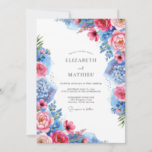 Invitation Mariage Floral Ravissant Bleu Cobalt Rose