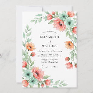 Invitation Mariage Floral Romance à la Menthe Corail