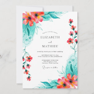 Invitation Mariage Floral Romance Corail Sarcelle