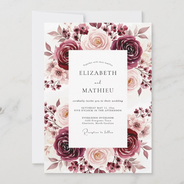 Invitation Mariage Floral Romance Rose Bourgogne (Devant)