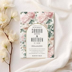 Invitation Mariage floral romantique à la menthe rose eucalyp