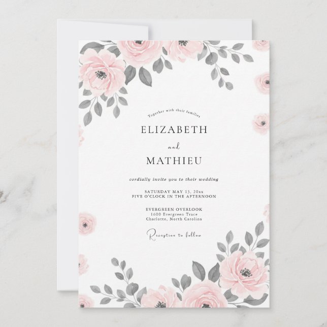 Invitation Mariage Floral Romantique Argent Rosé (Devant)
