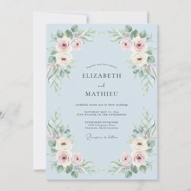 Invitation Mariage Floral Romantique Bleu Ciel (Devant)